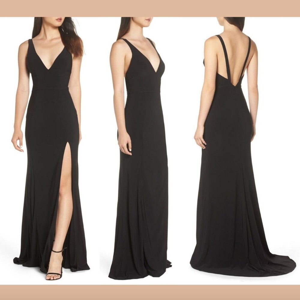 NEW $278 Ieena for Mac Duggal Deep‎ V-Neck Slit Jersey Gown Black [ SZ 10 ]